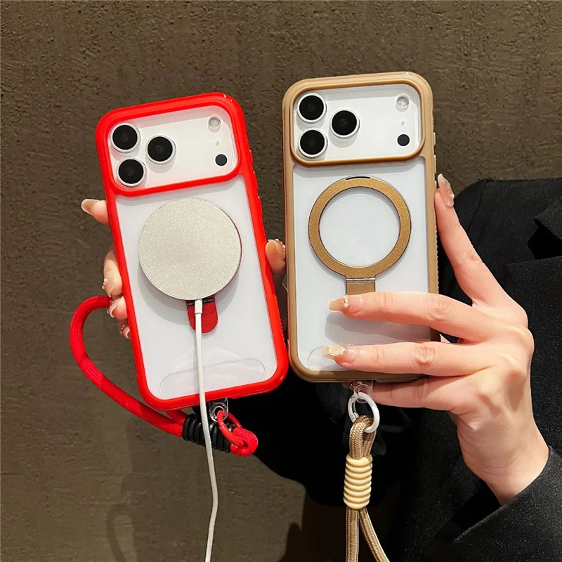 Capa para iPhone 17 Pro Compatível com MagSafe Suporte Dobrável Capa Traseira de PC TPU Transparente com Alça de Pulso - Cinza