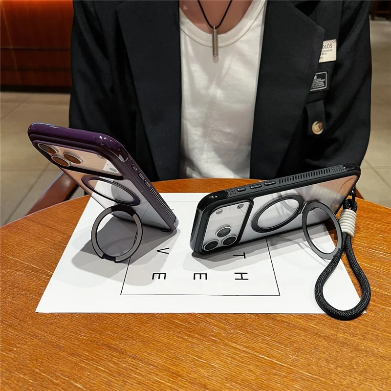 Capa para iPhone 17 Pro Compatível com MagSafe Suporte Dobrável Capa Traseira de PC TPU Transparente com Alça de Pulso - Cinza