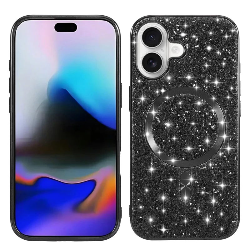 For iPhone 17 Magnetic Phone Case Glitter Electroplated TPU Frame PC Back Cover - Black