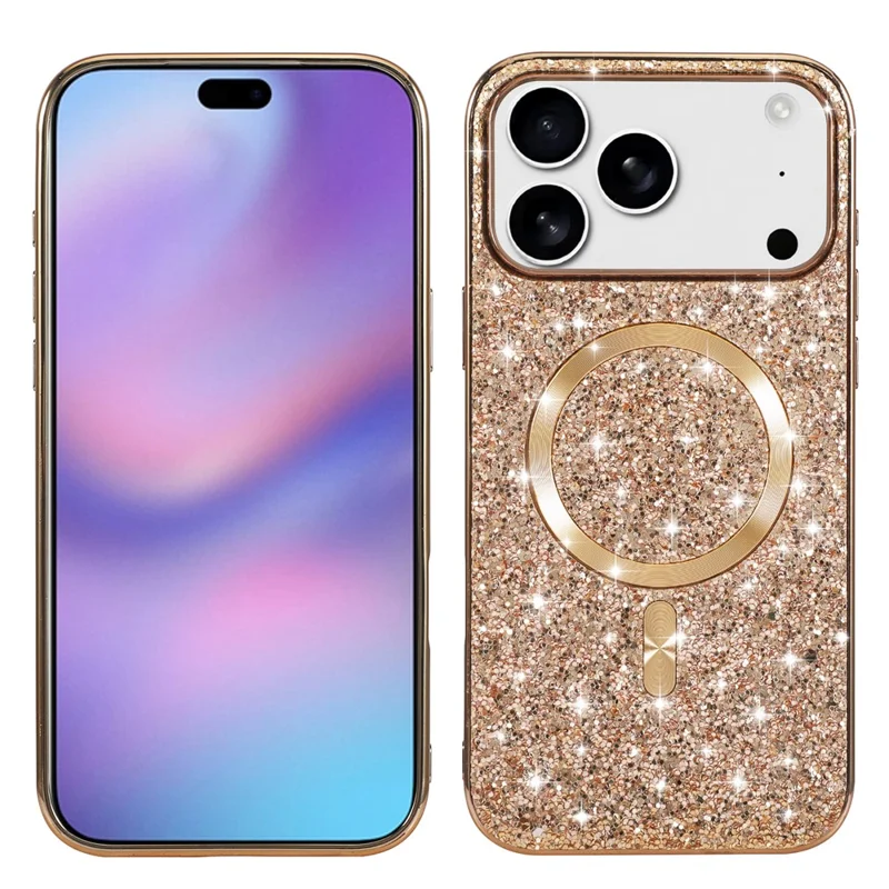 For iPhone 17 Pro Max Magnetic Phone Case Glitter Electroplated TPU Frame PC Back Cover - Rose Gold