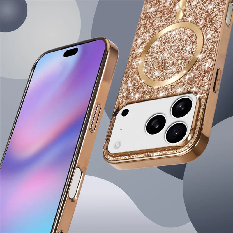 For iPhone 17 Pro Max Magnetic Phone Case Glitter Electroplated TPU Frame PC Back Cover - Rose Gold
