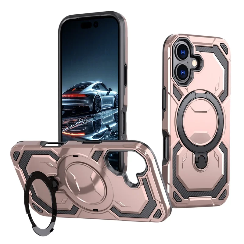For iPhone 17 Magnetic Case Ring Kickstand PC + TPU Hybrid Phone Cover - Rose Gold
