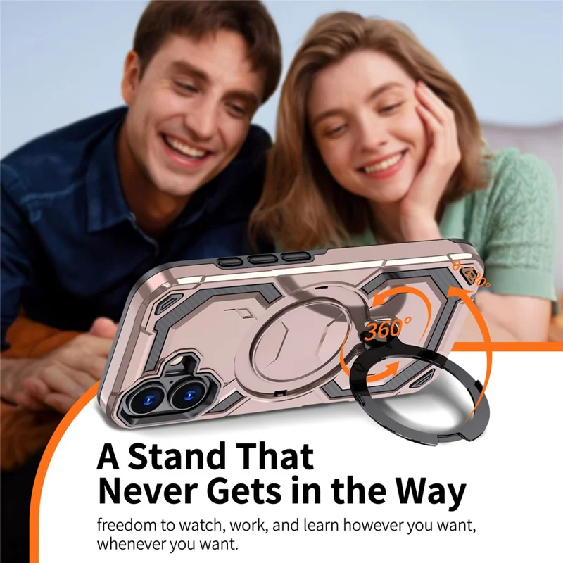 For iPhone 17 Magnetic Case Ring Kickstand PC + TPU Hybrid Phone Cover - Rose Gold