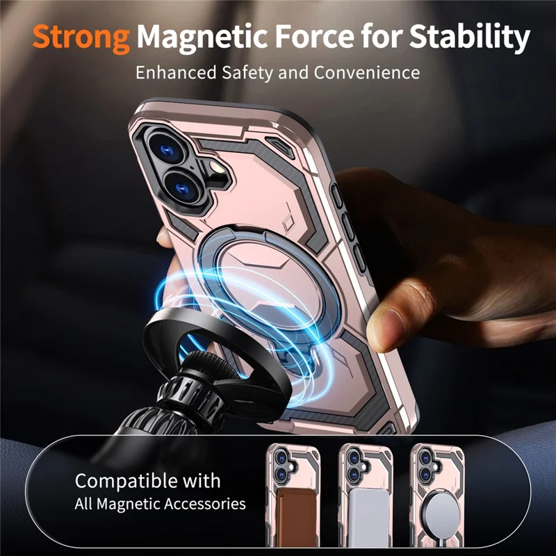 For iPhone 17 Magnetic Case Ring Kickstand PC + TPU Hybrid Phone Cover - Rose Gold
