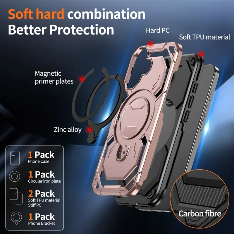 For iPhone 17 Magnetic Case Ring Kickstand PC + TPU Hybrid Phone Cover - Rose Gold