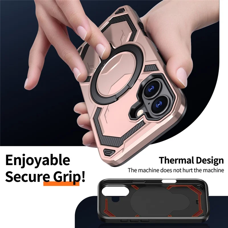 For iPhone 17 Magnetic Case Ring Kickstand PC + TPU Hybrid Phone Cover - Rose Gold