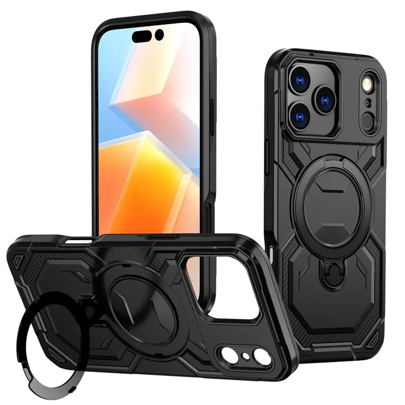 For iPhone 17 Pro Magnetic Case Ring Kickstand PC + TPU Hybrid Phone Cover - Black