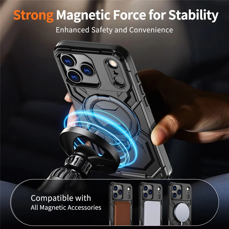 For iPhone 17 Pro Magnetic Case Ring Kickstand PC + TPU Hybrid Phone Cover - Black