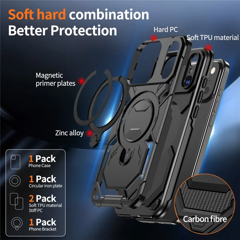 For iPhone 17 Pro Magnetic Case Ring Kickstand PC + TPU Hybrid Phone Cover - Black
