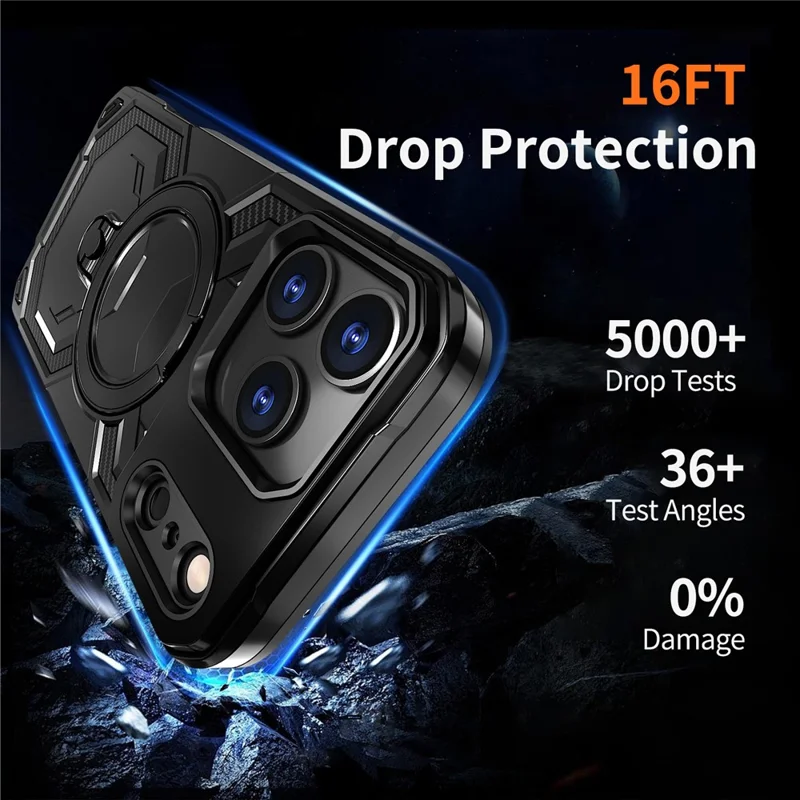 For iPhone 17 Pro Magnetic Case Ring Kickstand PC + TPU Hybrid Phone Cover - Black