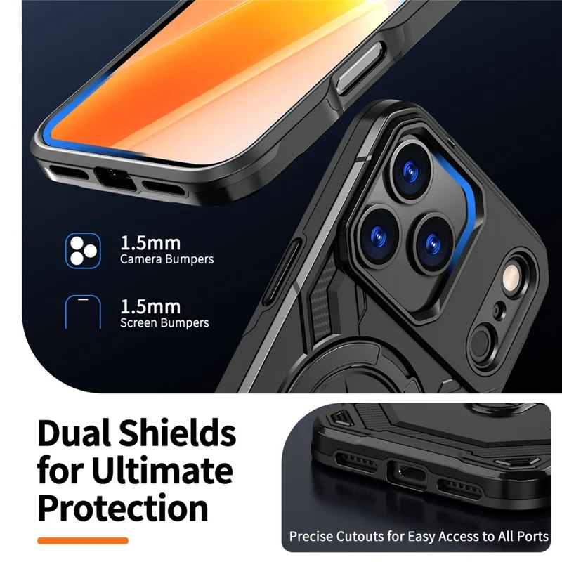 For iPhone 17 Pro Magnetic Case Ring Kickstand PC + TPU Hybrid Phone Cover - Black
