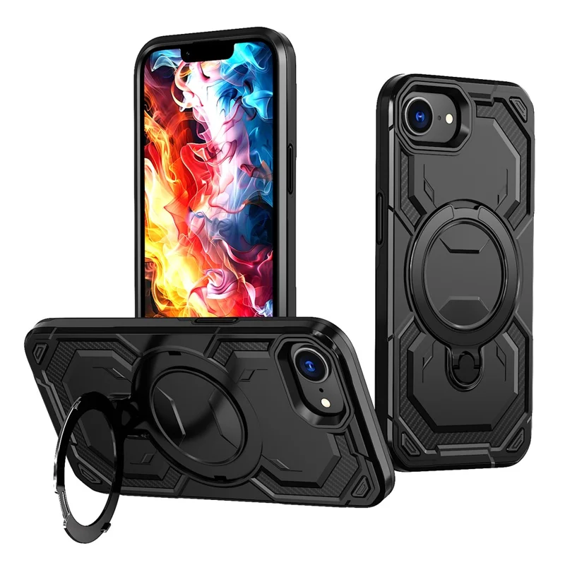 For iPhone 17e / 16e Magnetic Case Ring Kickstand PC + TPU Hybrid Phone Cover - Black