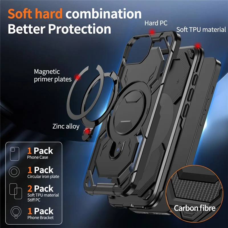 For iPhone 17e / 16e Magnetic Case Ring Kickstand PC + TPU Hybrid Phone Cover - Black