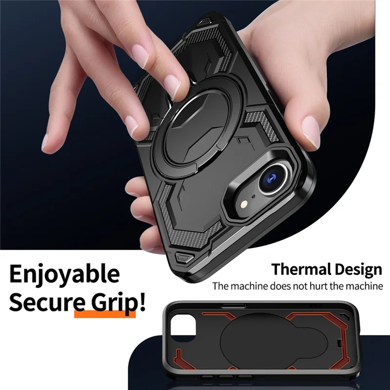 For iPhone 17e / 16e Magnetic Case Ring Kickstand PC + TPU Hybrid Phone Cover - Black