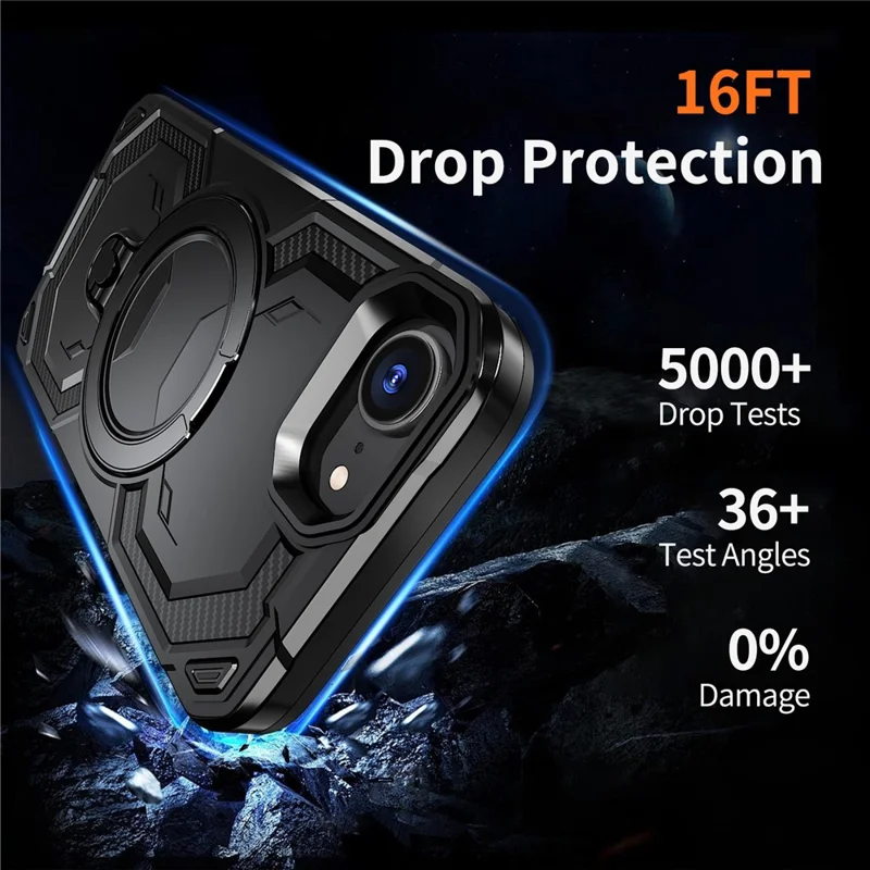 For iPhone 17e / 16e Magnetic Case Ring Kickstand PC + TPU Hybrid Phone Cover - Black