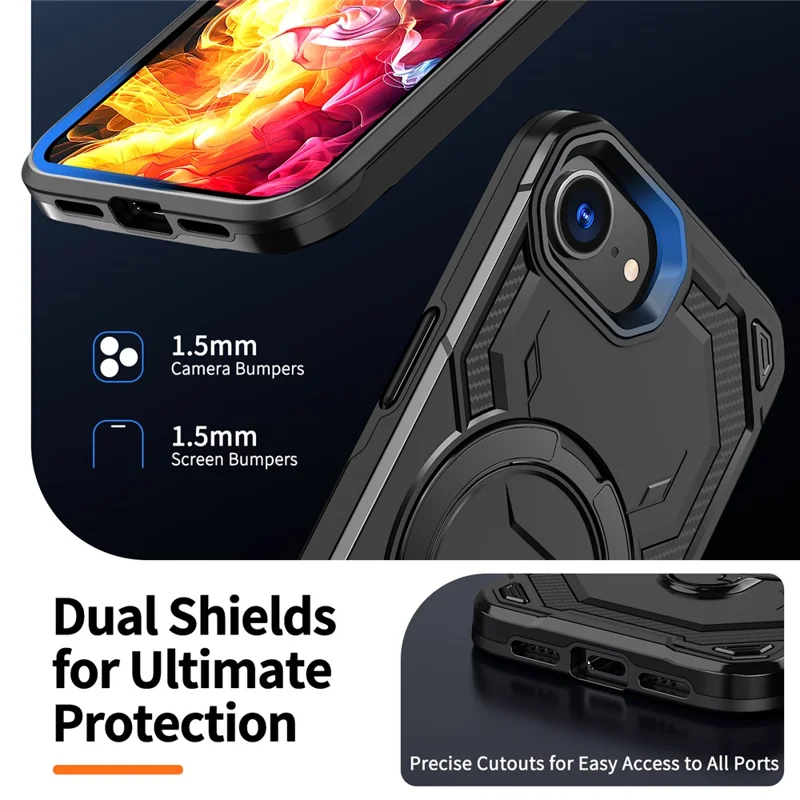 For iPhone 17e / 16e Magnetic Case Ring Kickstand PC + TPU Hybrid Phone Cover - Black