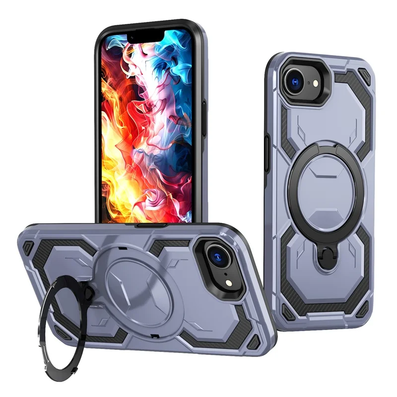 For iPhone 17e / 16e Magnetic Case Ring Kickstand PC + TPU Hybrid Phone Cover - Baby Blue