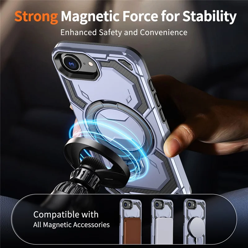 For iPhone 17e / 16e Magnetic Case Ring Kickstand PC + TPU Hybrid Phone Cover - Baby Blue
