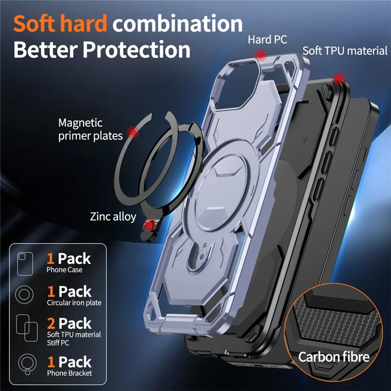 For iPhone 17e / 16e Magnetic Case Ring Kickstand PC + TPU Hybrid Phone Cover - Baby Blue