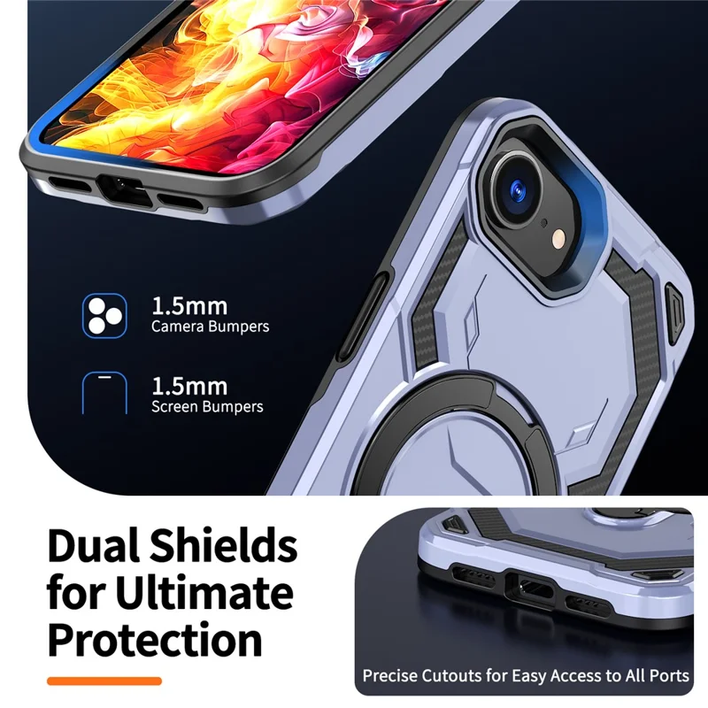 For iPhone 17e / 16e Magnetic Case Ring Kickstand PC + TPU Hybrid Phone Cover - Baby Blue