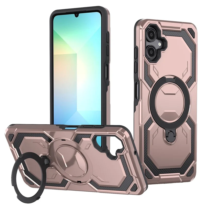 For Samsung Galaxy A06 4G Magnetic Case Ring Kickstand PC + TPU Hybrid Phone Cover - Rose Gold