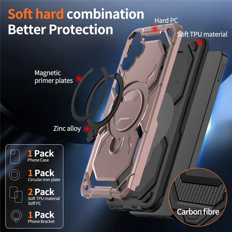 For Samsung Galaxy A06 4G Magnetic Case Ring Kickstand PC + TPU Hybrid Phone Cover - Rose Gold