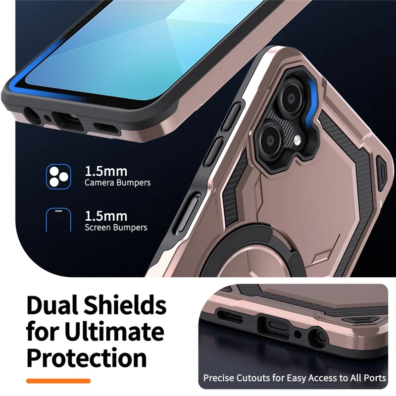 For Samsung Galaxy A06 4G Magnetic Case Ring Kickstand PC + TPU Hybrid Phone Cover - Rose Gold