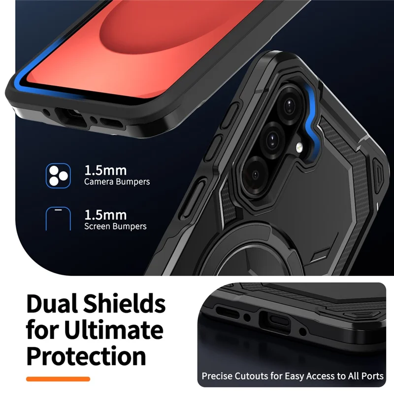 For Samsung Galaxy A26 5G Magnetic Case Ring Kickstand PC + TPU Hybrid Phone Cover - Black