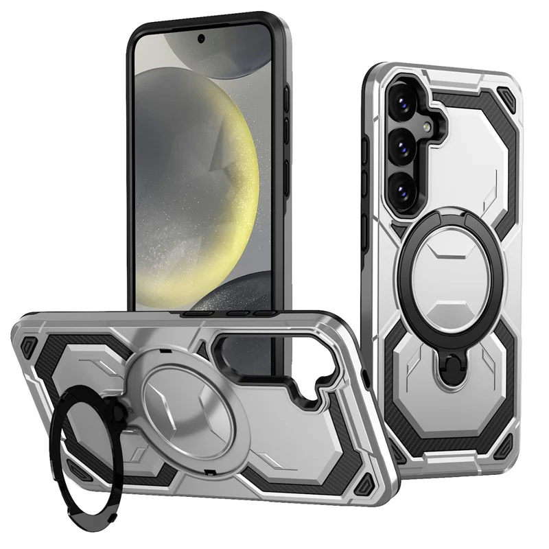 For Samsung Galaxy S25+ Magnetic Case Ring Kickstand PC + TPU Hybrid Phone Cover - Grey