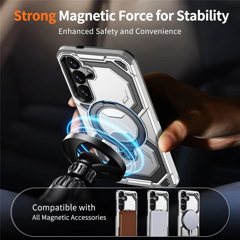 For Samsung Galaxy S25+ Magnetic Case Ring Kickstand PC + TPU Hybrid Phone Cover - Grey