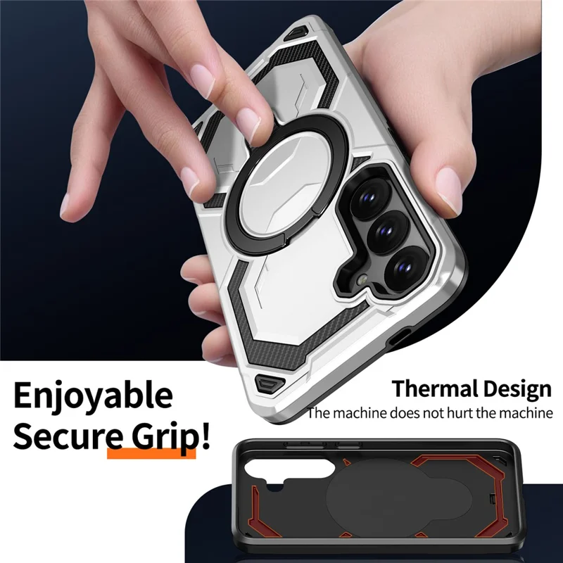 For Samsung Galaxy S25+ Magnetic Case Ring Kickstand PC + TPU Hybrid Phone Cover - Grey