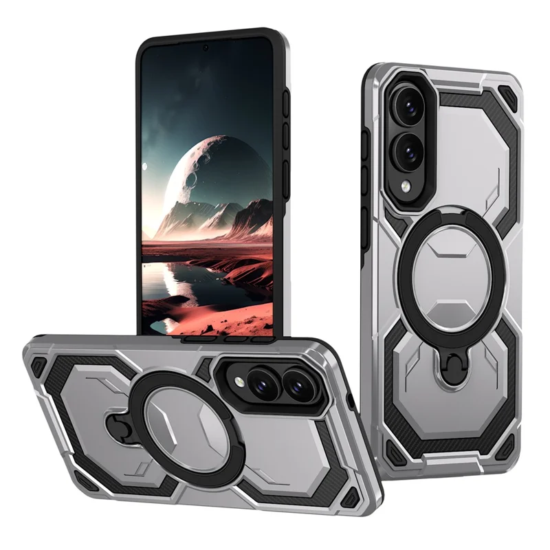 For Samsung Galaxy S25 Edge Magnetic Case Ring Kickstand PC + TPU Hybrid Phone Cover - Grey