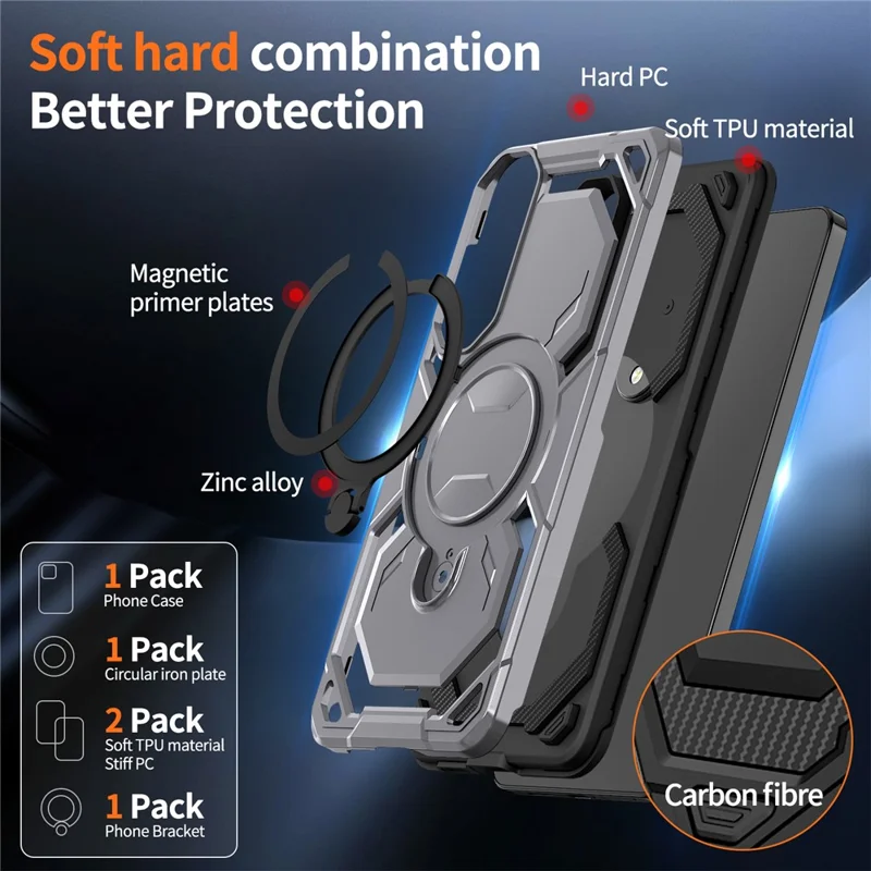 For Samsung Galaxy S25 Edge Magnetic Case Ring Kickstand PC + TPU Hybrid Phone Cover - Grey