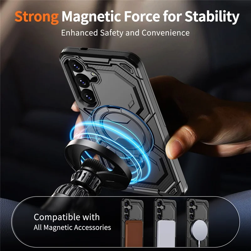 For Samsung Galaxy S24 FE Magnetic Case Ring Kickstand PC + TPU Hybrid Phone Cover - Black