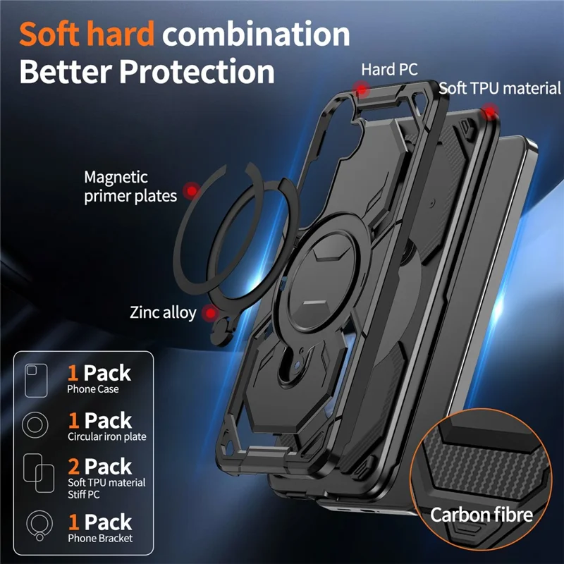 For Samsung Galaxy S24 FE Magnetic Case Ring Kickstand PC + TPU Hybrid Phone Cover - Black