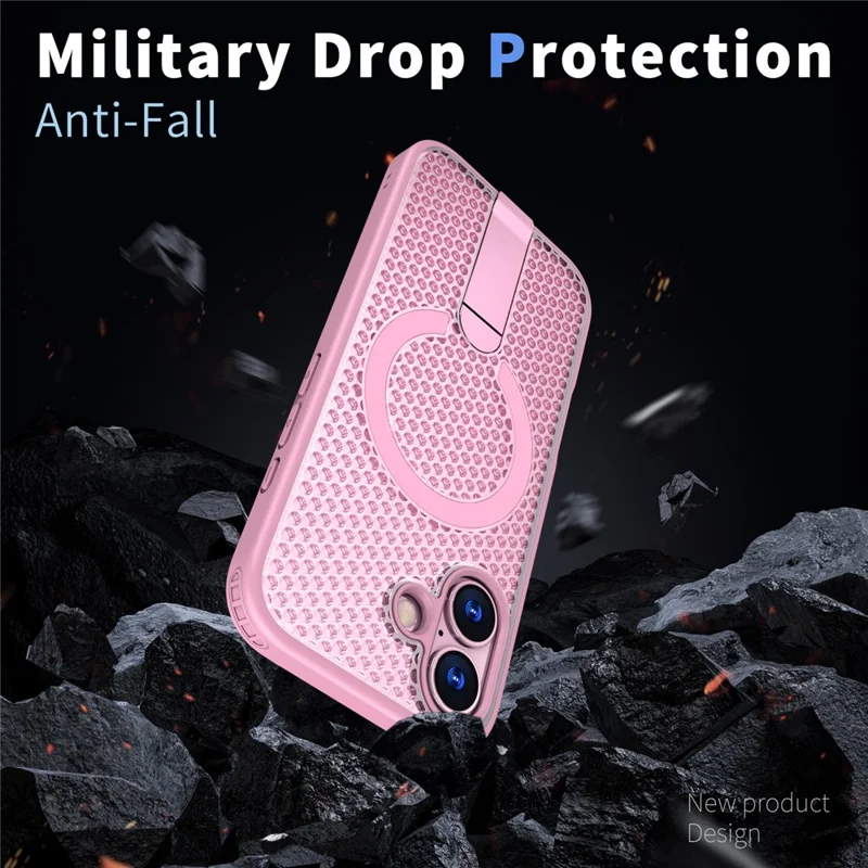 For iPhone 17 Magnetic Case Kickstand Grid Texture TPU PC Phone Back Cover - Pink