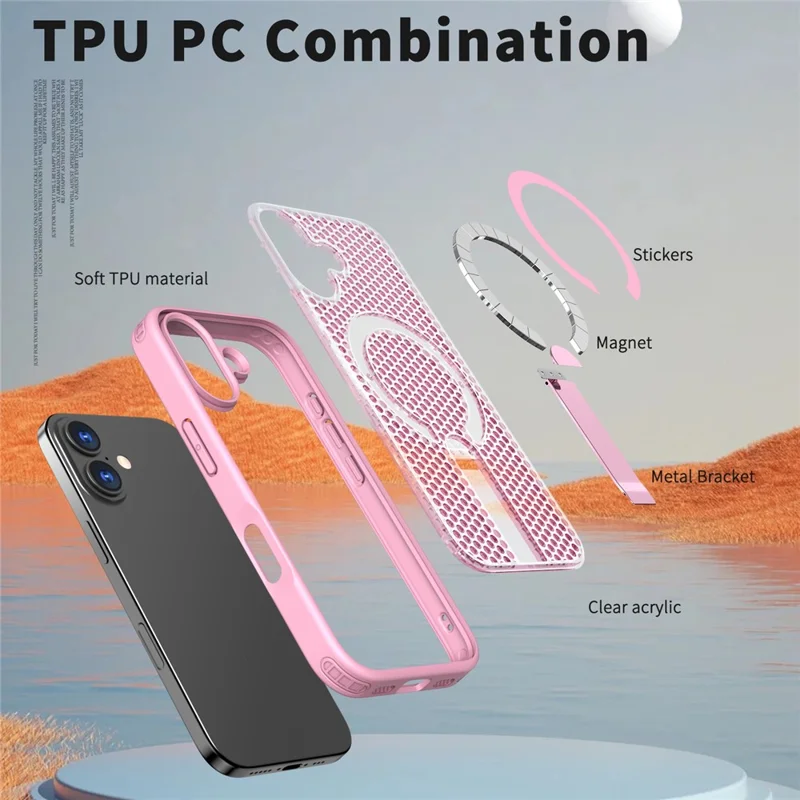 For iPhone 17 Magnetic Case Kickstand Grid Texture TPU PC Phone Back Cover - Pink