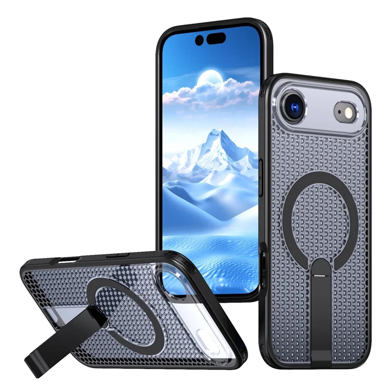 For iPhone Air Magnetic Case Kickstand Grid Texture TPU PC Phone Back Cover - Black
