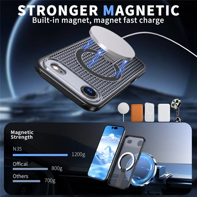 For iPhone Air Magnetic Case Kickstand Grid Texture TPU PC Phone Back Cover - Black