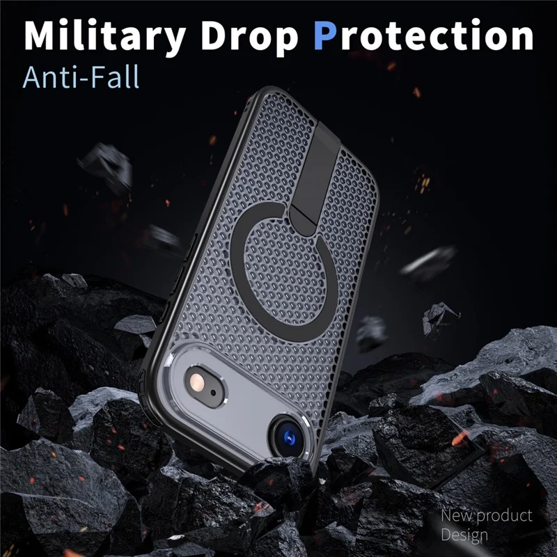 For iPhone Air Magnetic Case Kickstand Grid Texture TPU PC Phone Back Cover - Black