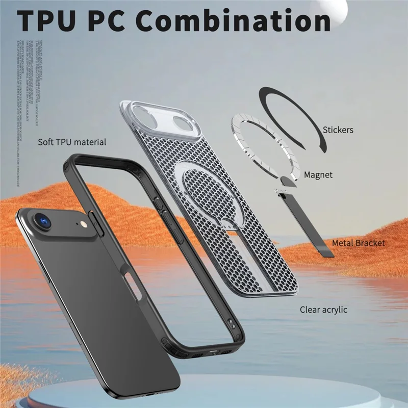For iPhone Air Magnetic Case Kickstand Grid Texture TPU PC Phone Back Cover - Black
