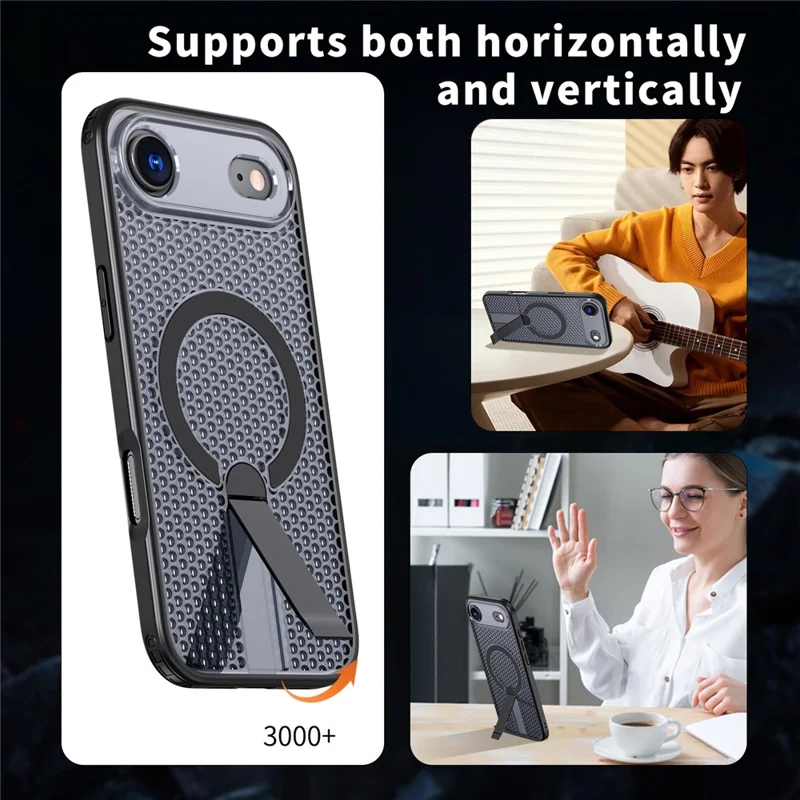 For iPhone Air Magnetic Case Kickstand Grid Texture TPU PC Phone Back Cover - Black