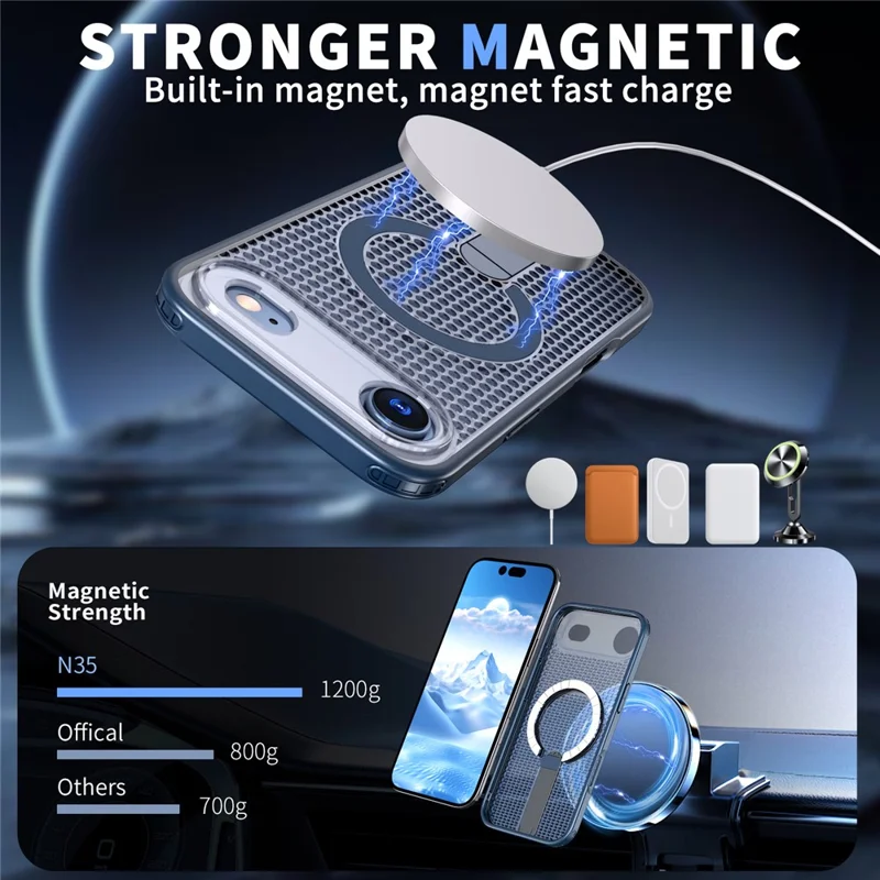 For iPhone Air Magnetic Case Kickstand Grid Texture TPU PC Phone Back Cover - Blue