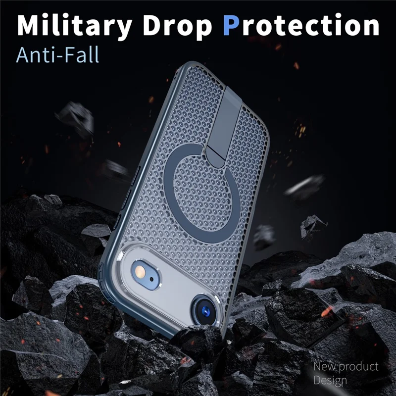 For iPhone Air Magnetic Case Kickstand Grid Texture TPU PC Phone Back Cover - Blue