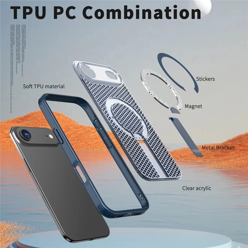For iPhone Air Magnetic Case Kickstand Grid Texture TPU PC Phone Back Cover - Blue