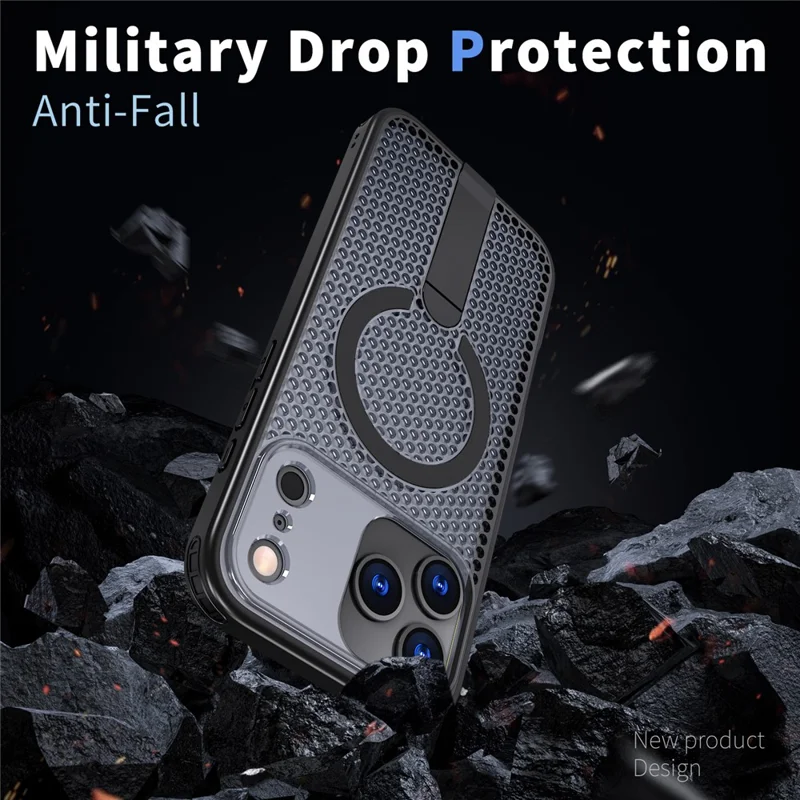 For iPhone 17 Pro Magnetic Case Kickstand Grid Texture TPU PC Phone Back Cover - Black