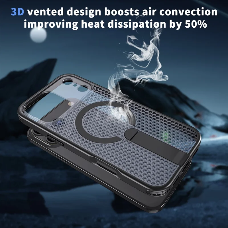 For iPhone 17 Pro Magnetic Case Kickstand Grid Texture TPU PC Phone Back Cover - Black