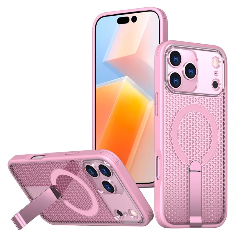 For iPhone 17 Pro Max Magnetic Case Kickstand Grid Texture TPU PC Phone Back Cover - Pink