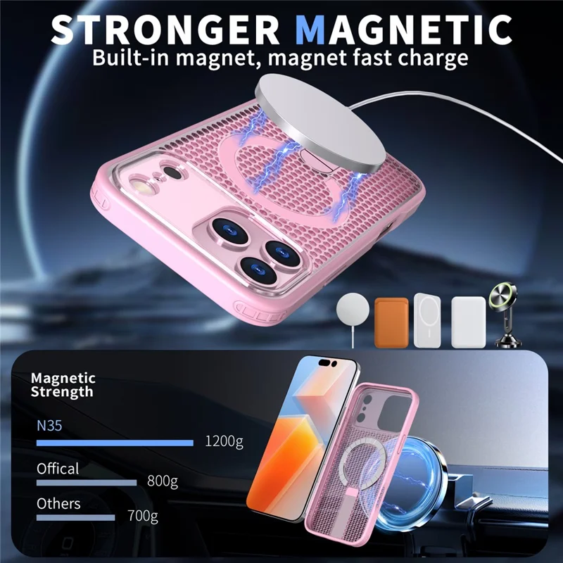 For iPhone 17 Pro Max Magnetic Case Kickstand Grid Texture TPU PC Phone Back Cover - Pink