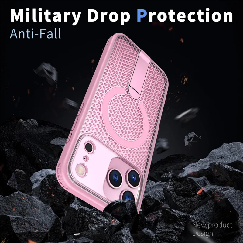 For iPhone 17 Pro Max Magnetic Case Kickstand Grid Texture TPU PC Phone Back Cover - Pink